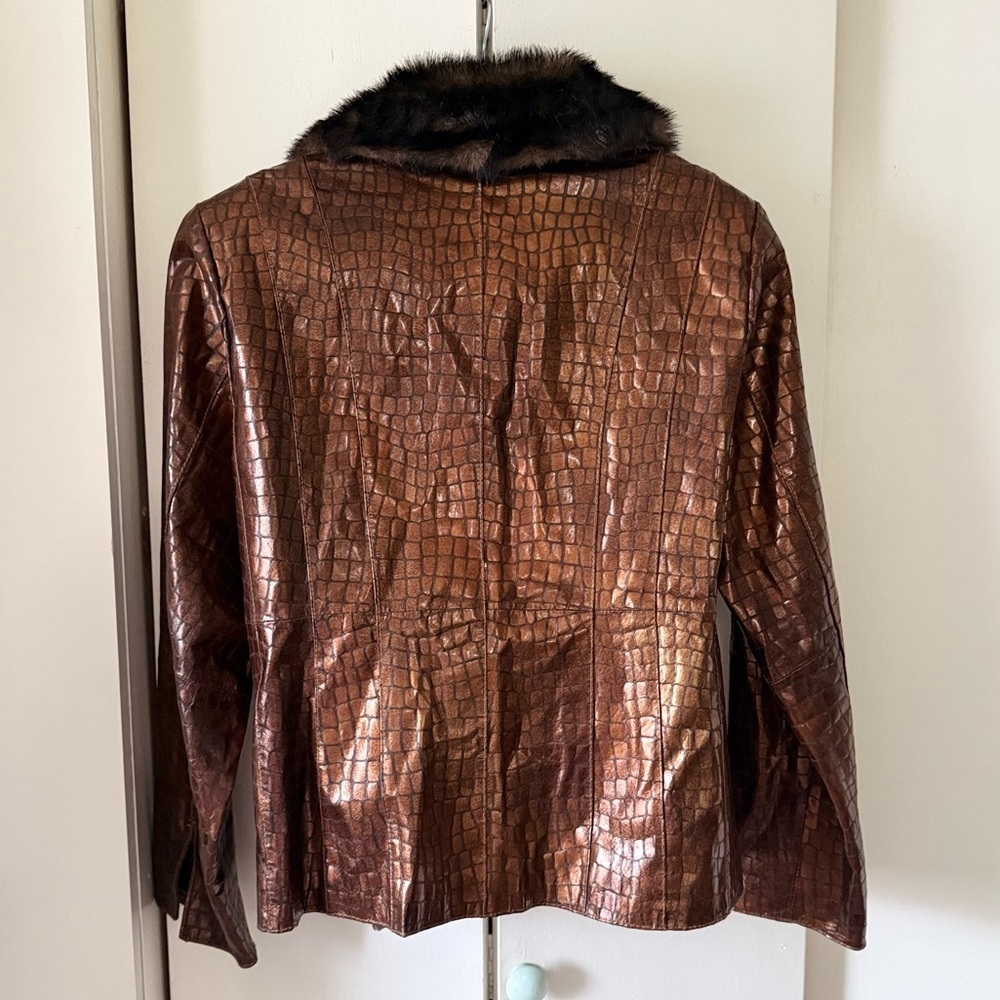 Vintage Stunning Bradley Bayou Brown Croc 100% Leather Jacket w Faux Fur Collar - Picture 7 of 7